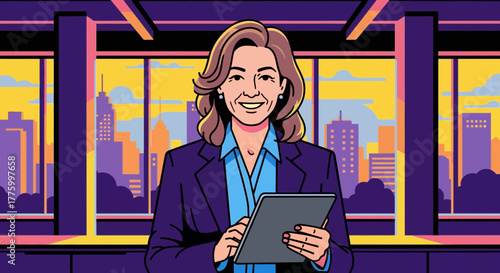 Confident businesswoman with tablet smiles in modern office with city view
