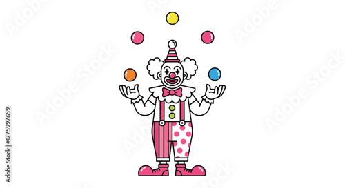 Playful clown skillfully juggles colorful balls with a cheerful expression