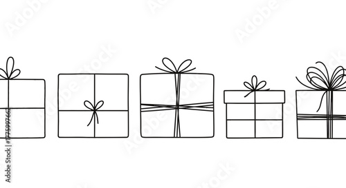 Collection of various simple line art gift boxes with ribbons and bows, isolated on white.