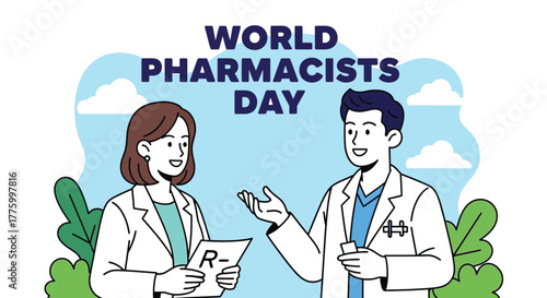 Two friendly pharmacists in white coats discussing medication on World Pharmacists Day