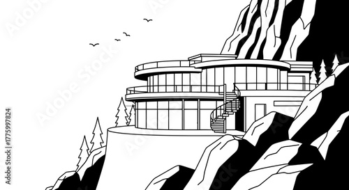 Modern architectural home perched on a scenic cliffside with panoramic views.