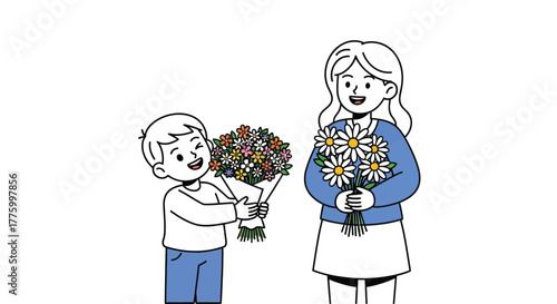 Joyful child presents a colorful bouquet of flowers to a smiling mother