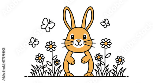 A cute, happy bunny stands in a field of daisies with butterflies fluttering around in a charming illustration.