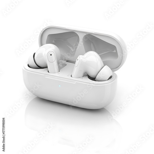 White Wireless Earbuds in Charging Case. Portable Bluetooth Headphones. Audio Technology. Studio Shot on a White Background