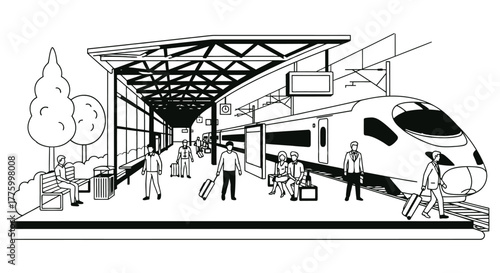 Modern train station with passengers waiting for departure on a sunny day.