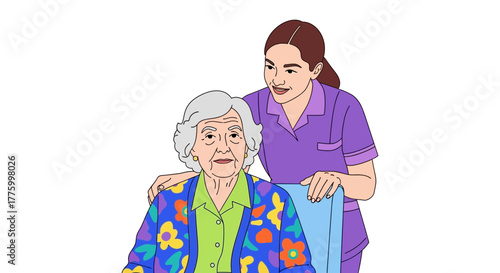 Caring caregiver gently supports an elderly woman in a wheelchair, offering comfort and companionship.