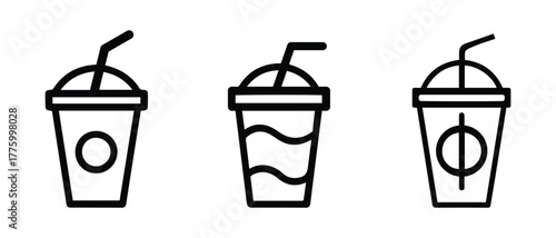Takeaway drink cup icon set, plastic cup with straw vector symbol