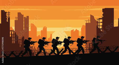 Soldiers march through a desolate, war-torn city at sunset, their silhouettes stark against the orange sky.