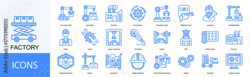 factory icon collection set. Containing assembly, Automation, Industrial robot, Welding torch, working, prefabrication, miner, repair icon