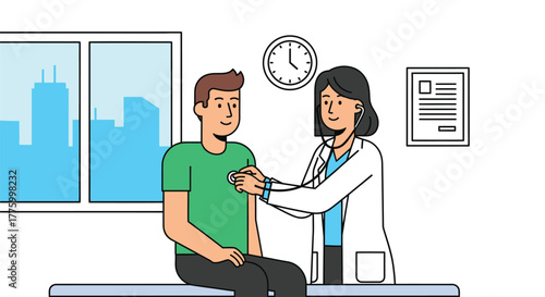 Friendly doctor examines patient in a bright, modern clinic setting.