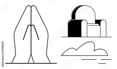 Praying hands, a church-thumbs up structure with an arched roof, and a flowing cloud. Ideal for spirituality, faith, worship, prayer, religion hope contemplation. Simple flat metaphor