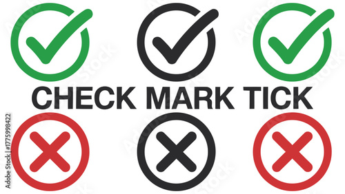Green red and black check mark and cross symbol icons for correct and wrong signs isolated on white background
