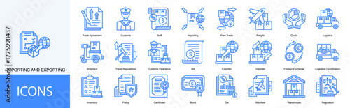 importing and exporting icon collection set. Containing Trade Agreement, Customs, Tariff, Importing, Free Trade, Freight, Quota, Logistics, Shipment icon