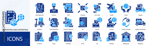 importing and exporting icon collection set. Containing Trade Agreement, Customs, Tariff, Importing, Free Trade, Freight, Quota, Logistics, Shipment icon