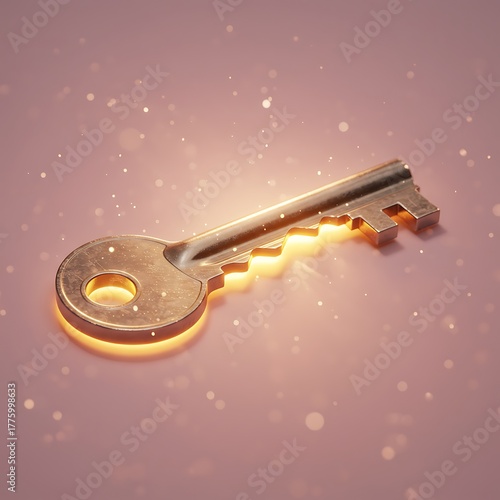 Metallic Key Glowing Gold on Pink Background with Bokeh