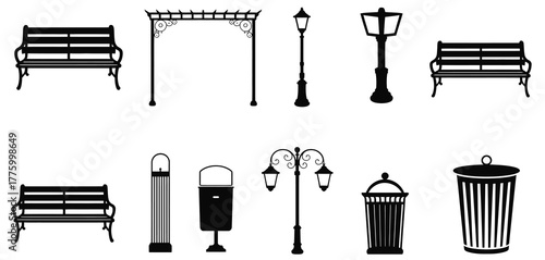 Park and Street Furniture Icon Set, Bench, Lamppost, Archway, Trash Can Silhouettes, Outdoor Urban Design Elements, Black and White Vector Graphics for City Planning