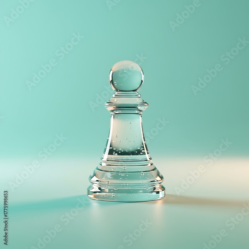 Clear Glass Chess Pawn on Teal Background with Bubbles