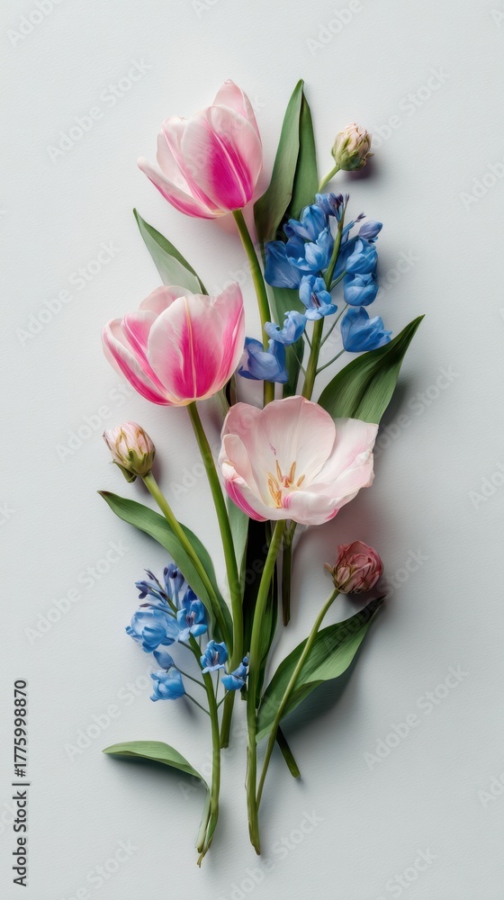 Obraz premium Floral Elegance: A delicate arrangement of vibrant tulips and hyacinths presents a fresh and fragrant display. capturing the natural beauty and timeless grace of spring blossoms.
