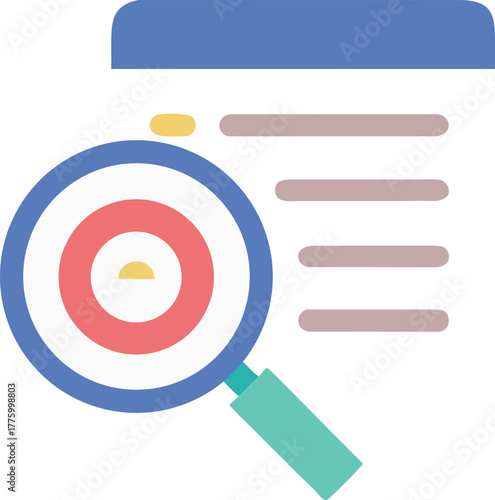 Magnifying glass examining a document with bullet points and a target symbol representing data analysis and research