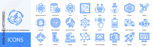 sciene technology engineering icon collection set. Containing Quantum Mechanics, Data Science, Atom, Circuit, Robot, Laser, Quantum, Satellite, Processor icon