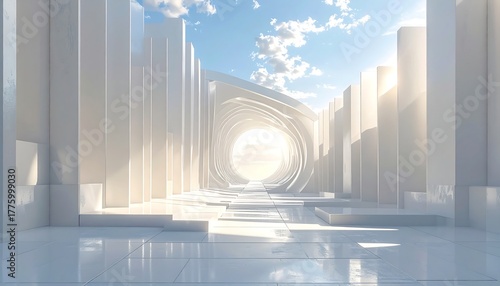 Fototapeta Naklejka Na Ścianę i Meble -  Abstract, bright architecture hallway receding toward a glowing, circular opening under a sunny, blue sky