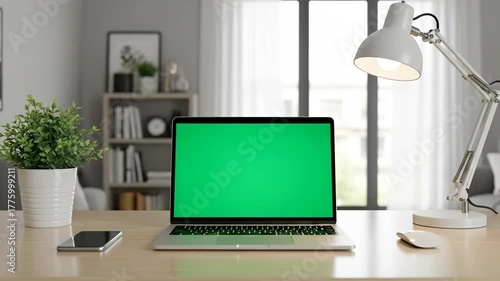 Wallpaper Mural Minimalist Workspace Setup Laptop with Green Screen, Desk Lamp, and Natural Light in Modern Interior for Mockup and Design 4K Video Torontodigital.ca