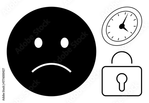Black sad face with a frown, vintage clock, and padlock symbolizing frustration, deadlines, emotional barriers. Ideal for stress, time management, anxiety, restriction depression urgency simple
