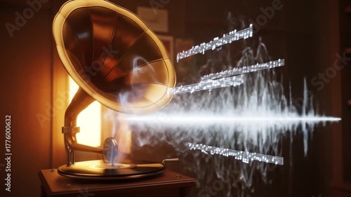 Vintage Gramophone Playing Music with Visual Notes