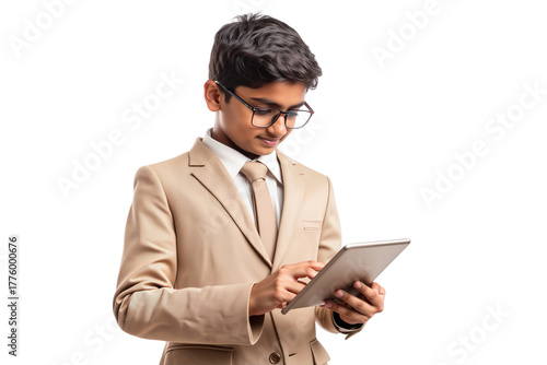 Young smart boy in a suit and glasses, actively engaging with a tablet, isolated on transparent background