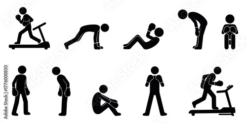 Fitness and exercise stickman silhouettes performing gym, push-up, stretching, and treadmill running, black and white vector icons representing healthy lifestyle and workout routine