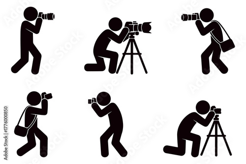 Minimal black and white stickman photographer vector illustration showing people taking photos with camera and tripod, creative photography, filming and shooting concept icons set