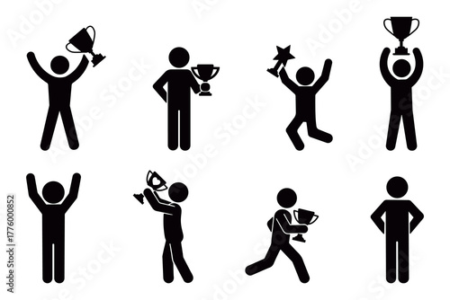 Joyful stickman characters holding trophy, celebrating victory and success, black and white minimal vector illustration showing achievement, happiness, and motivation concept icons