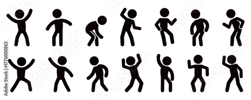 Minimal stickman dance silhouette collection showing fun body motion and party moves, black and white vector illustration of joyful human rhythm, fitness and celebration concept design