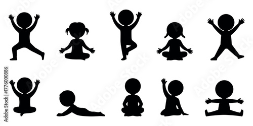 Peaceful stickman yoga and meditation silhouette collection showing calm sitting and stretching poses, minimal black and white vector illustration of relaxation and mindfulness practice