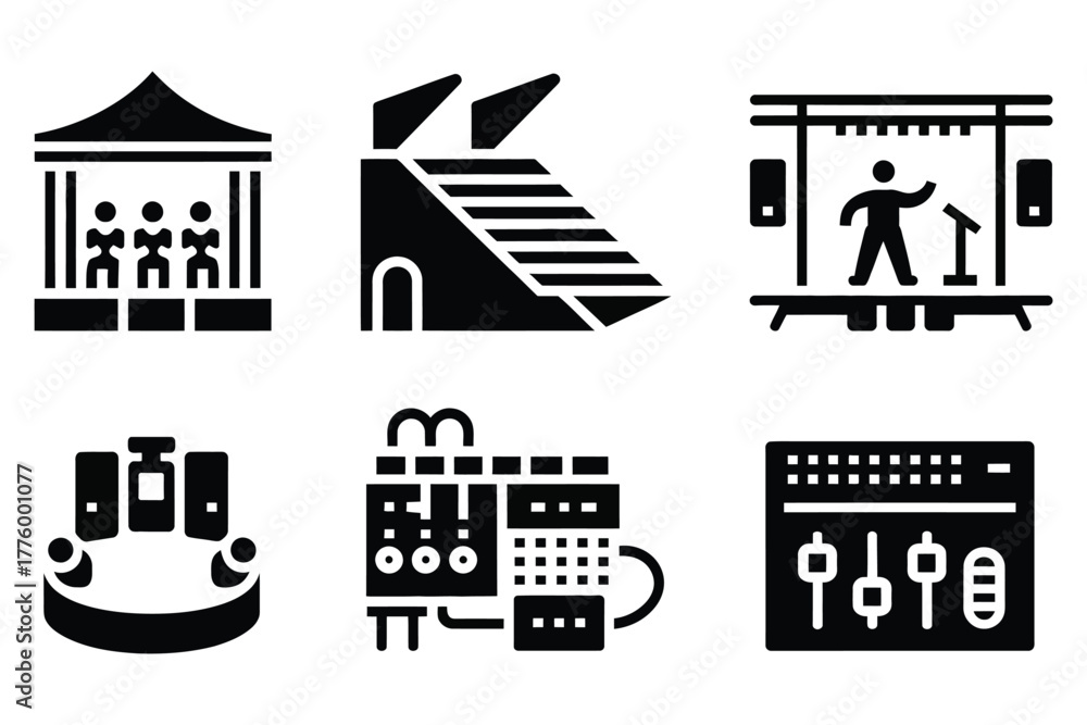 Fototapeta premium Rock Venues Icon Set, Solid Filled Icons of Concert Hall, Stadium, Nightclub, Festival Stage, Outdoor Arena, Bar, Rehearsal Studio, Music Venue Symbols, Vector Graphics for Entertainment Design