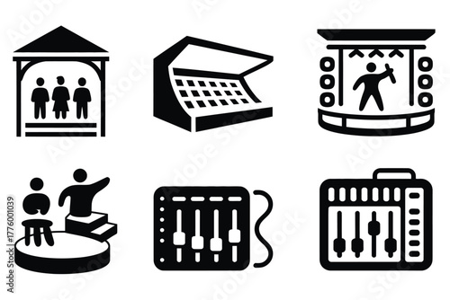 Rock Venues Icon Set, Solid Filled Icons of Concert Hall, Stadium, Nightclub, Festival Stage, Outdoor Arena, Bar, Rehearsal Studio, Music Venue Symbols, Vector Graphics for Entertainment Design