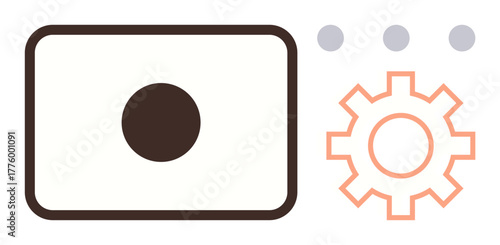 Rectangular device with central circle alongside gear icon and three small dots. Ideal for workflow, automation, settings, process management, optimization, functionality, simple flat metaphor