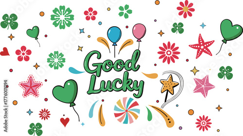 Good Lucky Colorful Hand Lettering with Four-Leaf Clover, Balloons and Festive Doodle Elements Illustration