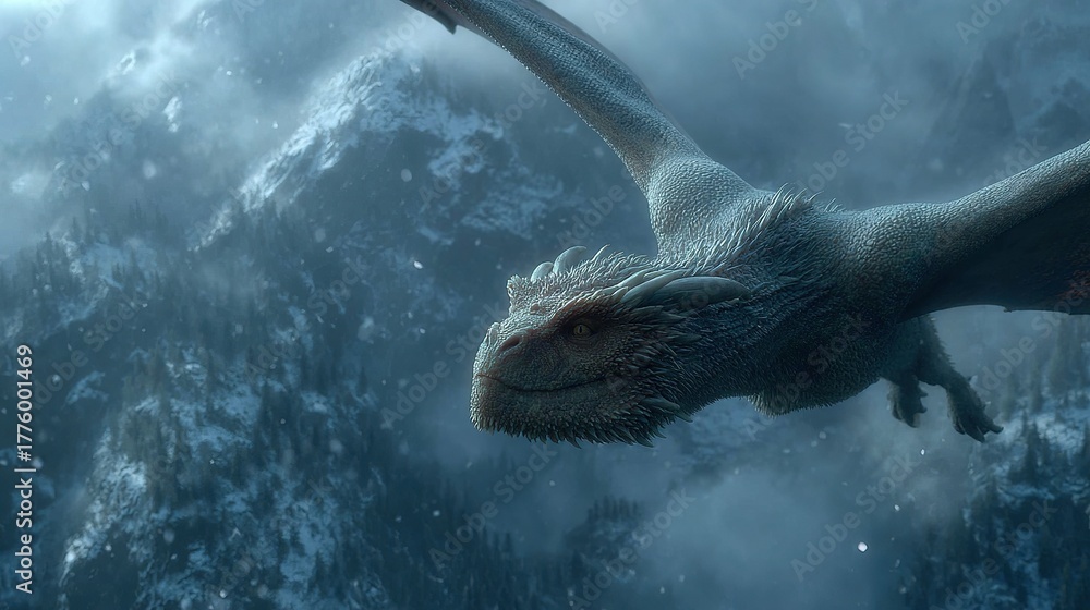 Obraz premium Dragon soars above snowy mountains in a fantasy or mythical setting.