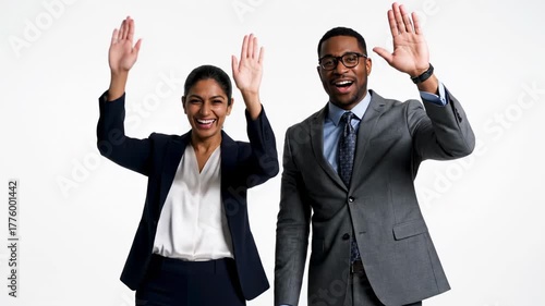 Business Colleagues Celebrate Success with High Five and Waving.