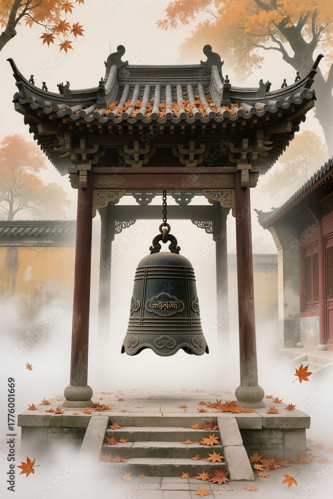 Obraz premium a Buddhist temple bell ringing through autumn mist, symbolizing awakening and calm