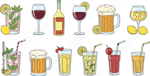 Collection of colorful hand drawn illustrations of various alcoholic and non alcoholic beverages and drinks