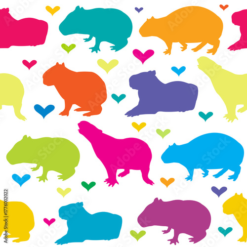 Colorful capybara seamless background with hearts