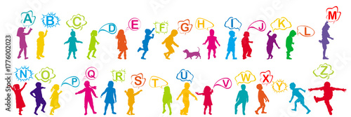 Silhouette of colored kids children  with the letters of the alphabet
