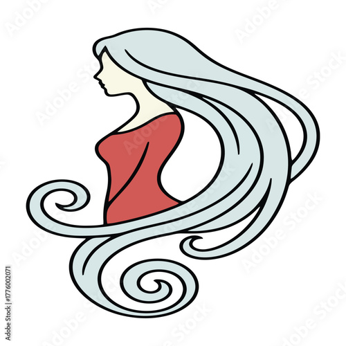 Stylized profile illustration of a woman with very long, flowing, swirling silver hair and a red top.