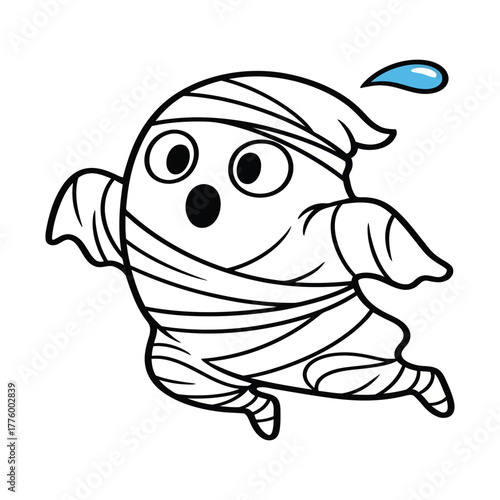 A frightened cartoon ghost character dressed as a mummy running in panic with a sweat drop.