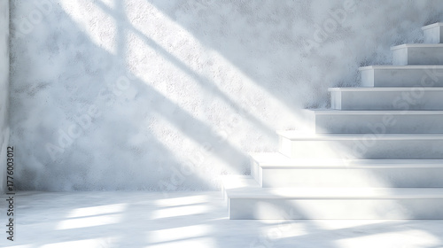 Abstract white concrete interior with stairs and sunlight creating serene atmosphere. minimalist design emphasizes simplicity and elegance