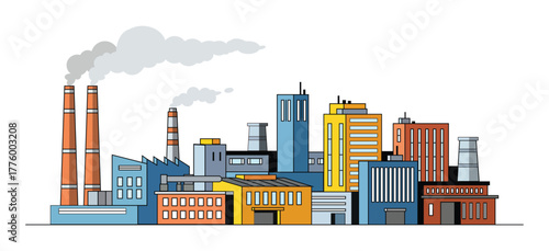Industrial factory buildings with smoking chimneys and skyscrapers Keywords: factory, industrial