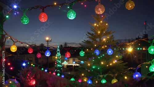 multitude of brilliantly illuminated festive holiday lights twinkling against a stark dark nighttime