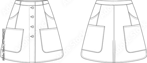 A-line button front skirt fashion flat sketch with patch pockets, technical clothing design template for apparel sewing pattern illustration